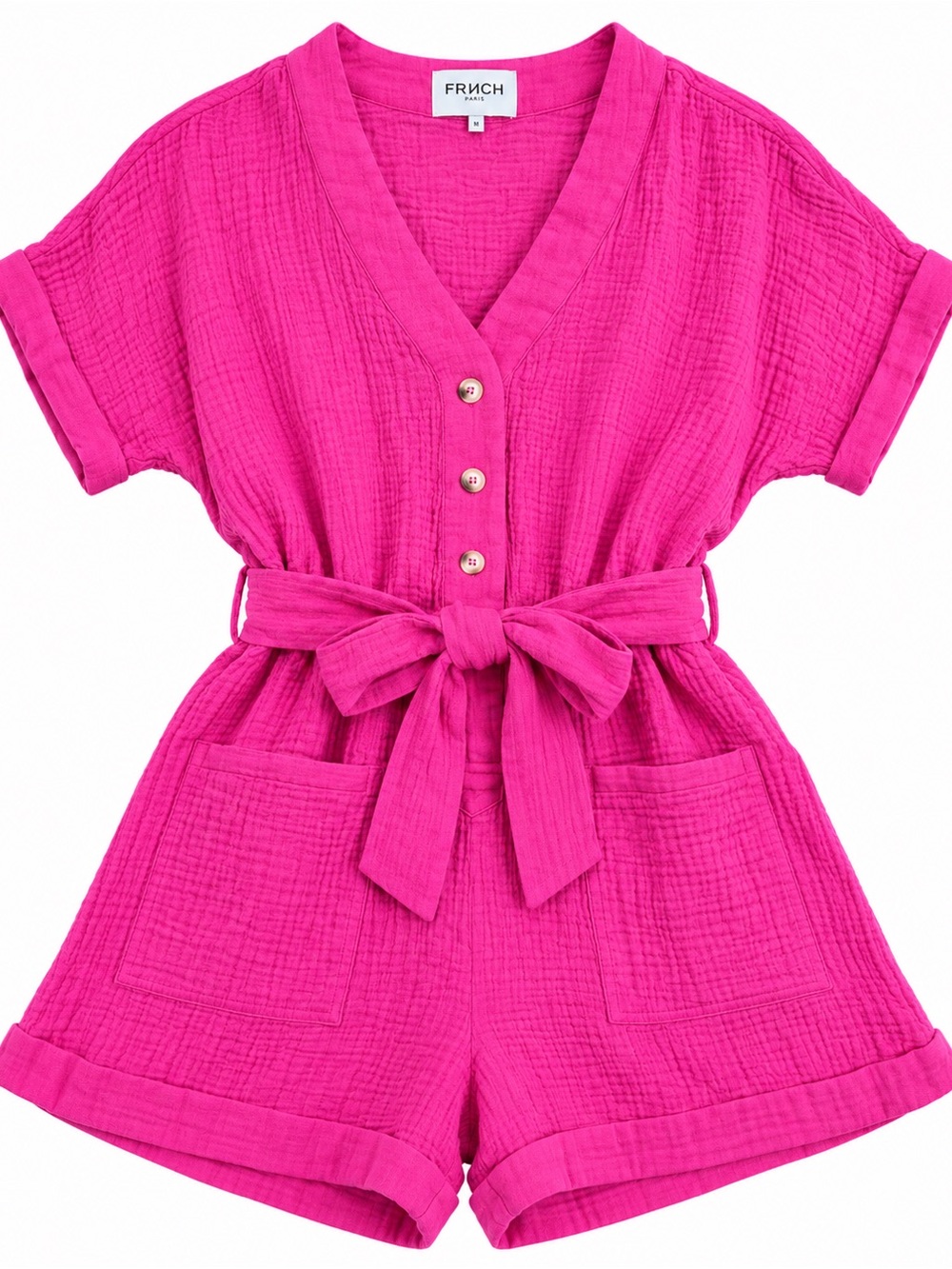 FRNCH Paris Hot Pink 100% Cotton Gauze Tie Front Romper Women’s Size Medium